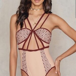 Chic Burgundy and Cream Lace Bodysuit